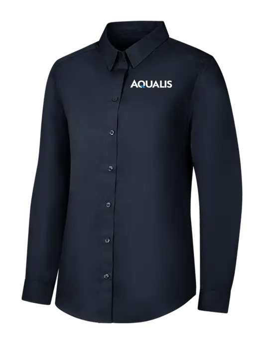 Womens River Blue Navy Long Sleeve Carefree Poplin Shirt w/AQUALIS Logo