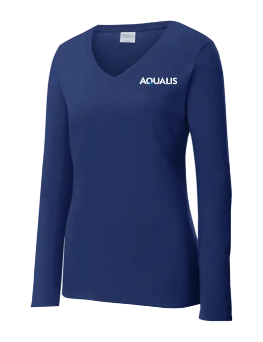 Womens  V-Neck Ring Spun Navy 4.5 oz Long Sleeve T-Shirt w/AQUALIS Logo