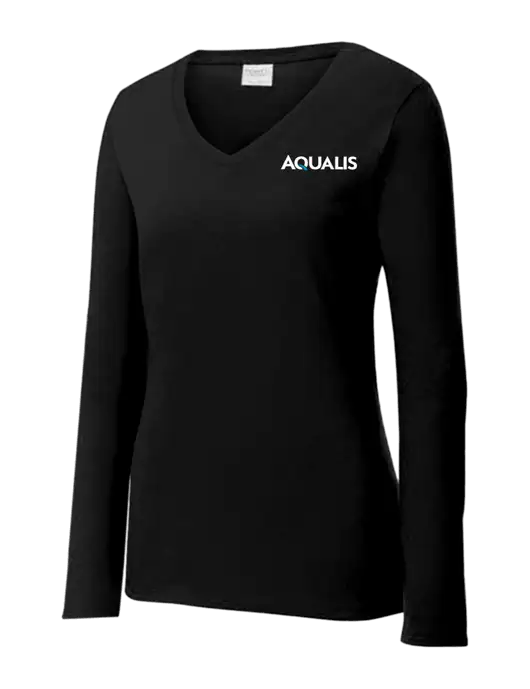 Womens V-Neck Ring Spun Jet Black 4.5 oz Long Sleeve T-Shirt w/AQUALIS Logo