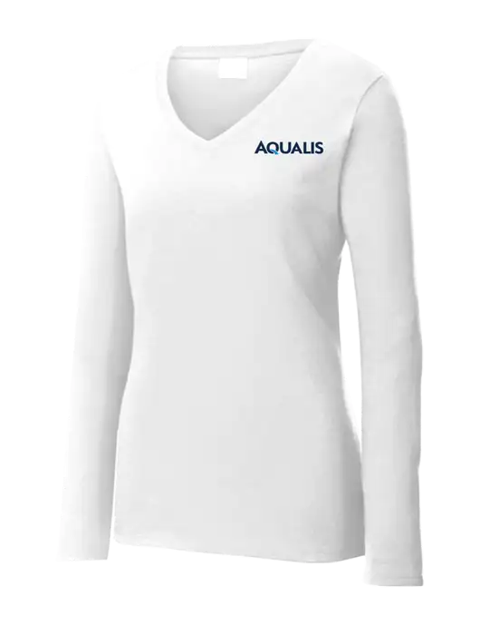 Womens  V-Neck Ring Spun White 4.5 oz Long Sleeve T-Shirt w/AQUALIS Logo