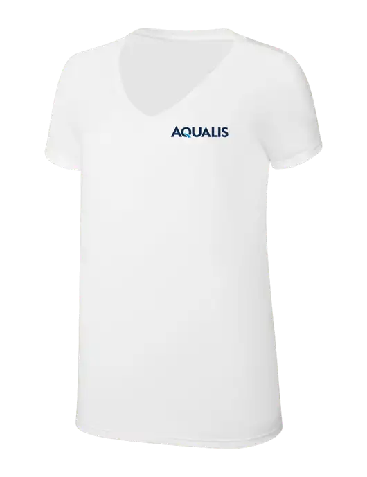 Womens Simply Soft V-Neck White 4.5oz  Poly/Combed Ring Spun Cotton T-Shirt w/AQUALIS Logo