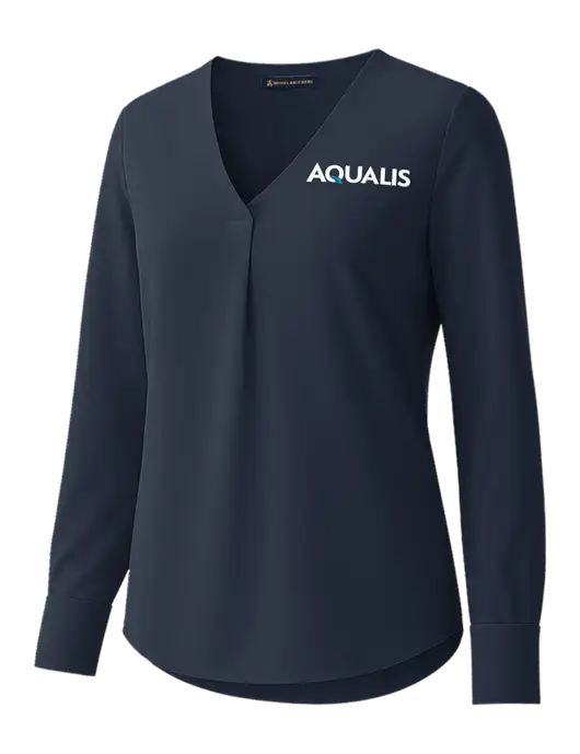 Brooks Brothers Womens Dark Navy Open-Neck Satin Blouse  w/AQUALIS Logo