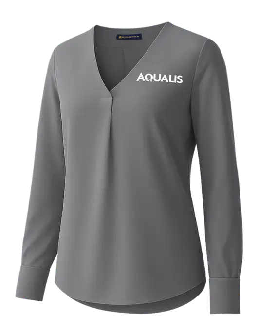 Brooks Brothers Womens Medium Grey Open-Neck Satin Blouse  w/AQUALIS Logo