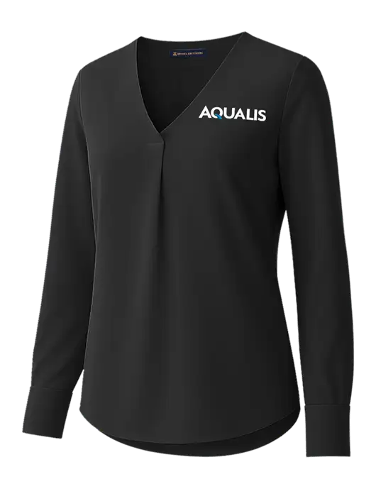 Brooks Brothers Womens Black Open-Neck Satin Blouse  w/AQUALIS Logo