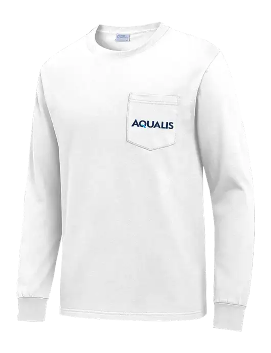 White Long Sleeve Heavyweight 6.1 oz Pocket T-Shirt w/AQUALIS Logo