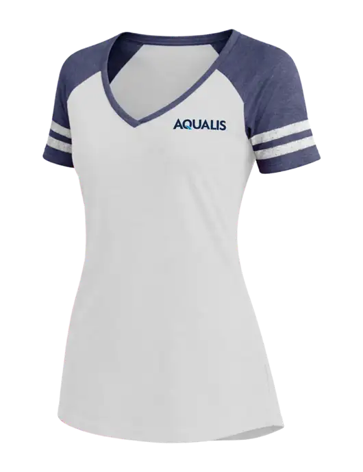 Womens White/Navy Heather V-Neck Game Tee w/AQUALIS Logo